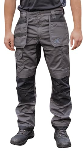 Xpert - Core Stretch Work Trousers Mens. Modern Fit Combat Cargo Pants Holster Work Trousers with Stretch Panels and Knee Pad Pockets (38W / 29L) Grey/Black