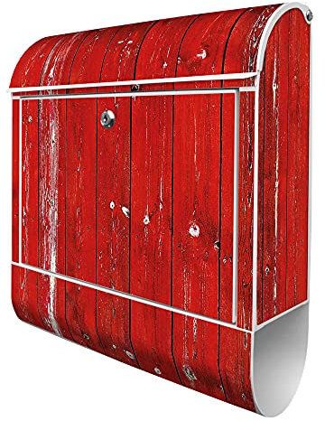 banjado Design Briefkasten mit Rote Holzlatten 38,5x46,5x13cm & 2 Schlüssel - Briefkasten Stahl weiß mit Zeitungsfach pulverbeschichtet - Postkasten A4 Einwurf inkl. Montagematerial