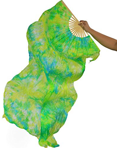 Calcifer Bauchtanz-Bambus-Fächer mit farbenfroher Seide, 180 cm, 2 Stück, Green+Yellow