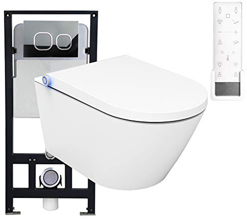 BERNSTEIN - Pack WC japonais + Bâti-support plaque Blanc mat, Toilettes suspendu lavant céramique + télécommande, jet douche, séchoir air chaud, filtre à odeurs, Chasse 180°, 59x38x38cm - Pro+1102