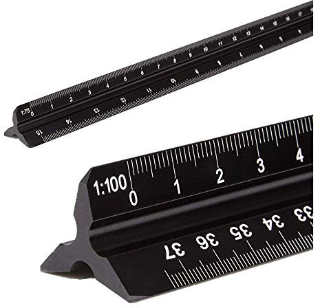 Architektonisches Lineal, Aluminium, dreieckig, metrische Skalen 1:20, 1:25, 1:50, 1:75, 1:100, 1:125, Standard, 30,5 cm lang, für Architekten, Studenten, Zeichner und Ingenieure, Schwarz