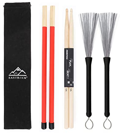 EastRock Drum Sticks Set included 5A Maple Wood Drum Sticks, Drum Wire Brushes Retractable Drum Stick Brush Drum Rods Sticks with Storage Bag