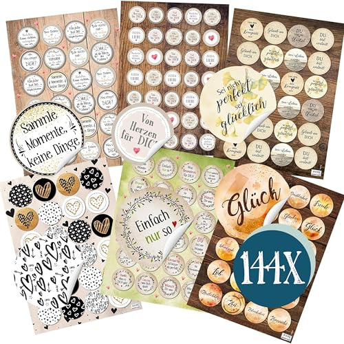 Aufkleber Set, 144 Stück: Motivationssticker, Sticker mit Sprüchen, Aufkleber Sprüche Motivation, Geschenk, Zum Aufkleben, Erwachsene & Kinder, Spruch Positive Gedanken, Glück, Freundschaft, ⌀ 3-4 cm