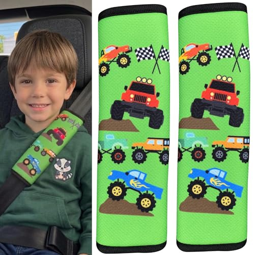 HECKBO 2x Kinder Auto Gurtpolster Gurtschutz mit Monster Truck Motiv - Sicherheitsgurt Polster für Kinder und Babys- Ideal für jeden Gurt Autositzerhöhungen Kinder Fahrradanhänger Flugzeug Jungen