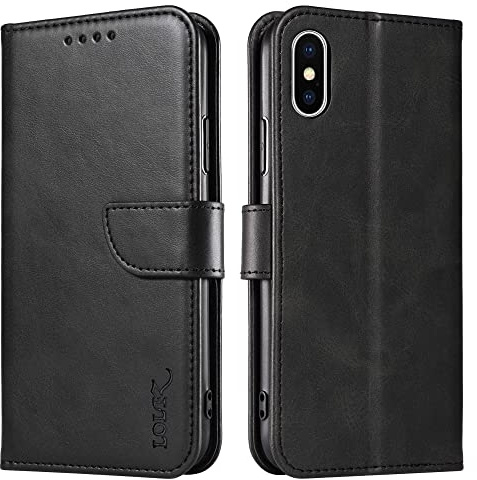 LOLFZ Wallet Case for iPhone X iPhone XS, Vintage Leather Book Case with Card Holder Kickstand Magnetic Closure Flip Case Cover for iPhone X iPhone XS - Black
