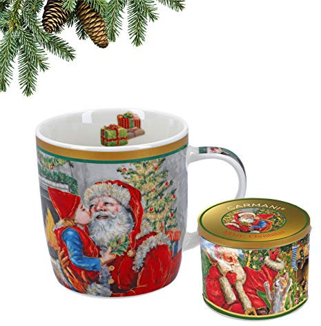 CARMANI - Colección de Navidad - Taza de Navidad, taza de porcelana festiva en caja de lata - Papá Noel, árbol de Navidad - 400 ml