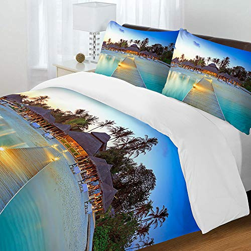 Surwin Sets de Housses de Couettes 2 Personnes, Microfibre 3D Parure de Lit avec Mer Paysage Imprimé Housse de Couette et 2 x Taies d'oreiller pour Hommes Femmes (Pavillon,220x240cm)