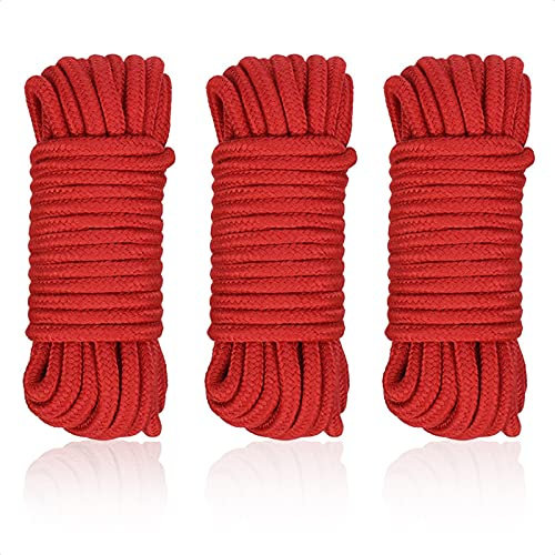Soft Cotton Rope, 3 Pcs Red Cotton Rope & 1 Pack Drawstring Storage Bag, 15 Metres Length 8mm Thick Natural Durable Craft Cord, All Purpose Rope for Climbing Crafting Braid Wall Hanging Home Decor
