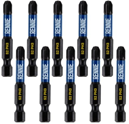 10 x Rennie Tools 50mm Long PH3 Impact Screwdriver Driver Bits Set. Magnetic Phillips No.3 Heavy Duty Impact Driver Bit Set. Long PH3 Bits. Hex Shank. Cross Head