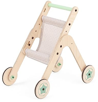 Mamatoyz 04TSTR Triio Kinderwagen, Spielzeug-Kinderwagen für Puppen aus natürlichem Birkensperrholz, Gehhilfe für erste Schritte zum Laufenlernen mit verstellbaren Rädern
