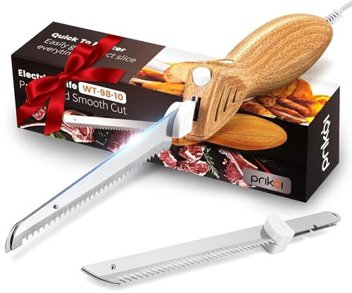 Prikoi Elektrisches Messer – Easy-Slice Klingen mit Wellenschliff zum Schnitzen von Fleisch, Brot, Truthahn, Rippen, Filet, DIY, ergonomischer Griff + 2 Klingen für rohe und gekochte Lebensmittel