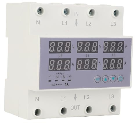 Amperometro Voltmetro su Guida DIN Trifase, Protezione da Sovracorrente da Sovratensione Automatica Regolabile da 390 a 500 V a Risposta Rapida, Display Digitale Sicuro (63A)