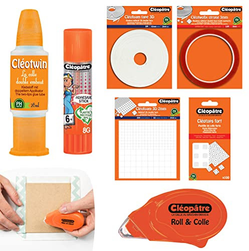 CLEOPATRE – Kit de Colles pour le Scrapbooking et le Bricolage – Colle liquide double embout, roller de colle, rouleau adhésif double face, pastilles de colle, carrés mousse + Bâton de Colle Offert