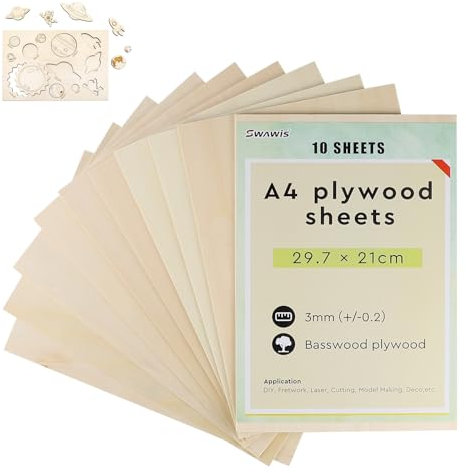SWAWIS 10 Piezas A4 Maderas para Bricolaje, 300 * 210mm Tablero Madera, Tablero Contrachapado 3mm, Basswood Contrachapado Para Corte por Laser Modelado Pintura Pirograbado