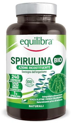 Equilibra Integratori Alimentari, Integratore in Compresse con Spirulina da agricoltura biologica, Azione Ricostituente e di Sostegno, 1g di Spirulina Bio per Dose, Vegan, 240 Compresse