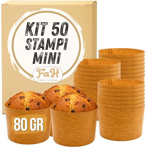 FAH FAMILY AT HOME Moule mini panettone 80 g – 50 moules pour panettoncino, moules panettone professionnel, papier naturel de cellulose pure à haute densité, résistant à la chaleur 200 °C