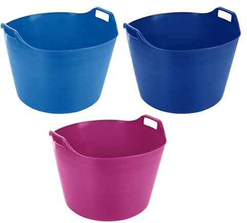 Set of 3-75l Litre Flexi Tubs Extra Large Planter Rubber Storage Containers - Washing Basket Trugs - Flexible Large Flexi Strong Buckets For Home, Garden (Blue, Pink & Sky Blue)