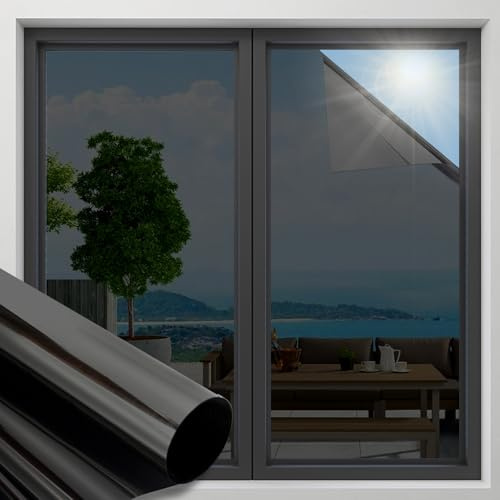 OFHome Fensterfolie, Sichtschutz, einseitig, reflektierend, Verdunkelung, Spiegeltönung für Zuhause und Büro, UV-Sonnenblockierung, blendfrei, Sonnenschutz, selbstklebend, Glasfenster, Tönung,