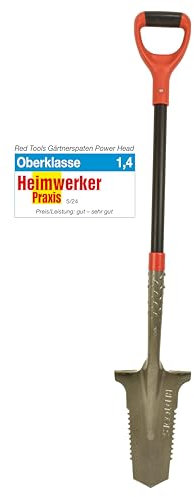 Red Tools Gärtnerspaten Power Head - Spaten mit Wurzelsäge - 115cm - hochwertiges Spatenblatt für steinige & Harte Böden - mit Trittkante und bequemem Soft-Touch-Griff (Grau)