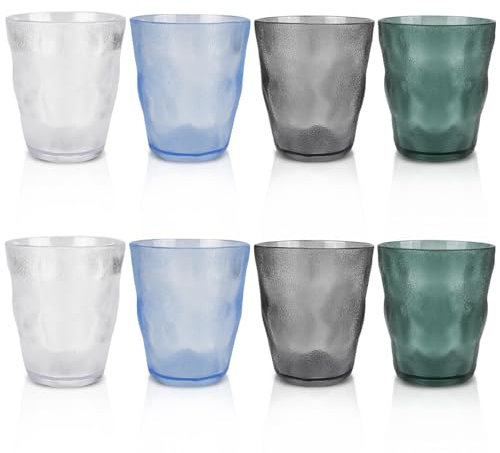 TIE-DailyNec 8-teiliges Wassergläser-Set aus Kunststoff, bruchsichere Gläser à 220 ml, Getränkebecher aus Acryl in 4 Farben für Picknick, Camping, Partys