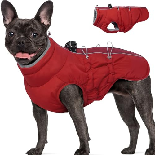 Katzinst Hundejacke für Mittlere Hund, Hundemantel mit Geschirr, Warm Gefüttert und Kuschelig, Hundemantel Fleece, Hunde Winter Mantel, Ärmellose Hunde Wintermantel Schnee, Rot, L