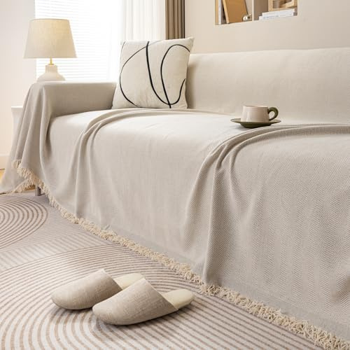 JIcloun Beige Sofa überwurfdecke L Form Große 1 2 3 4 Sitzer Sofadecke Kuscheldecke Chenille Couch Überwurf Tagesdecke mit Fransen, Wasserdicht 180x340cm