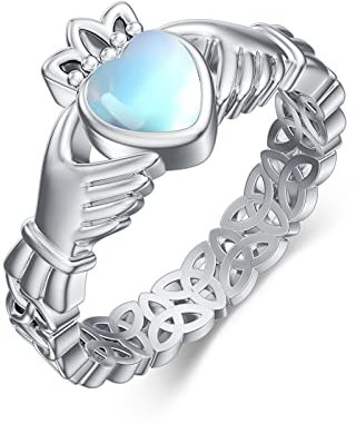 AXELUNA Keltischer Knoten Claddagh Ringe für Frauen, 925 Sterling Silber Mondstein Irische Claddagh Ringe Keltischer Schmuck Geschenke für Frauen Mutter Frau