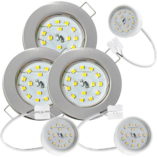 3er Set Flache SMD LED Modul Einbaustrahler | Farbe Edelstahl gebürstet | 5W | 230V | Starr | Klemmring | LED Spots für die Decke mit wenig Einbautiefe | Wohnzimmer | Küche | Schlafzimmer usw.