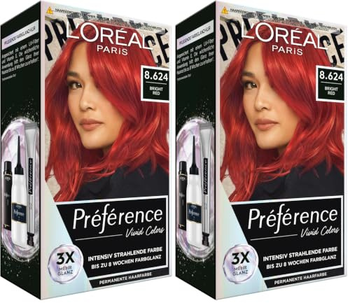 L'Oréal Paris Intensive dauerhafte Haarfarbe, Bis zu 8 Wochen glänzendes Haar und intensive Farbe, Préférence Vivid Colors, Farbe: 8.624 BRIGHT RED, 1 Stück (Packung mit 2)