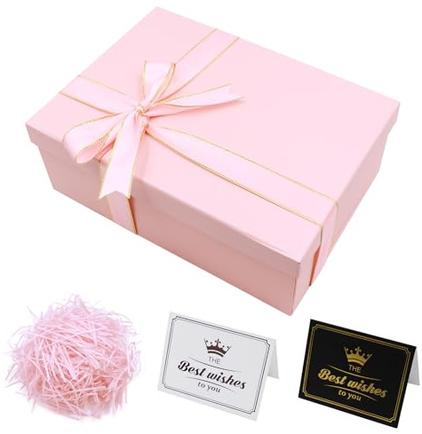 Realjoy Geschenkbox mit Deckel,25 x 18 x 8.5cm Geschenkbox Rosa mit Grußkarte,Schleife und Bast,Geschenke Box für Geburtstage,Hochzeiten,Valentinstag,Weihnachten