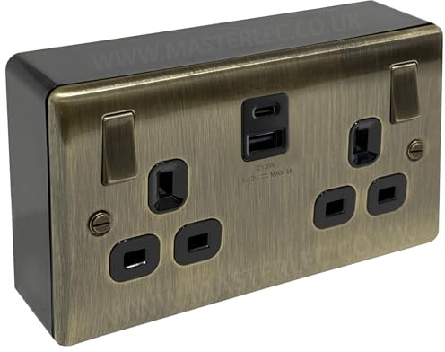 Antique Brass USB Double Socket 22W Type A&C & 32mm Black Surface Pattress Back Box