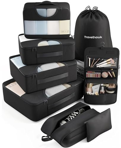TravelHawk Packing Cubes Schwarz, 8-Teilige Koffer Organizer Wasserdicht, Packwürfel, Packtaschen für Koffer, Kleiderbeutel, Aufbewahrungstasche, Kleidertachen für Koffer und Rucksack, Reise Zubehör