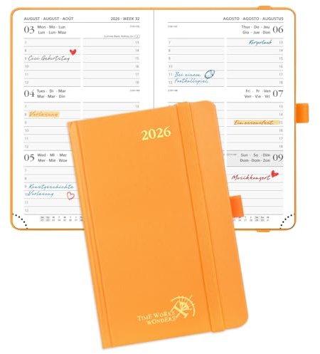 POPRUN Kalender 2026 Klein 16 x 10,5 cm (Jan.2026-Dez.2026) - TaschenKalender 2026 Klein Hardcover - Terminplaner, Wochenplaner 1 Woche 2 Seite mit Innentasche - Orange