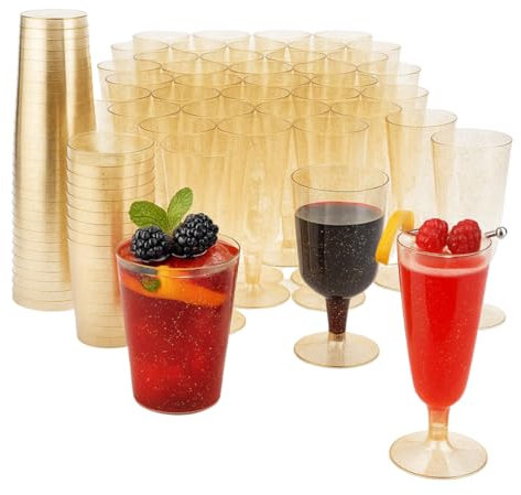 MATANA 150-Piece Premium Gold Glitter Plastic Drinkware Set – 50 Flutes (150ml), 50 Wine Cups (180ml) & 50 Party Cups (280ml) – Reusable Party Glasses for Weddings, Birthdays, Parties