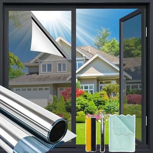 Bloss One Way Privacy Window Film 29.5 x 118 Inches Silver Privacy Film for Glass Windows One Way Mirror Window Film for House Window Tint Heat Blocking Anti UV Reflective Windows Films for Home