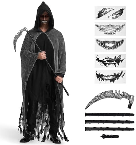 BuzzoXerex Déguisement Faucheur Homme, Halloween Cape à Capuche Déchirée Cape à Capuche avec Faucille & Autocollants de Tatouage Effrayants pour Halloween, Carnaval (Noir)