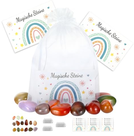 Jeqqinuz Glückssteine für Kinder, Edelsteine für Kinder 15x Glückssteine im Organzabeutel, 2-3cm, Mitgebsel Kindergeburtstag, Mitbringsel, Glücksbringer, Einschulung, Taufe, Kommunion
