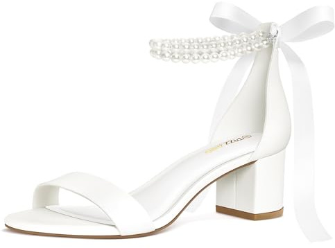 PIZZ ANNU Women's Low Block Chunky Heels Sandals Comfortable Open Toe Ankle Strap Pearl Bridal Dress Pump Shoes Bride Heeled Sandal, White Pearl 7