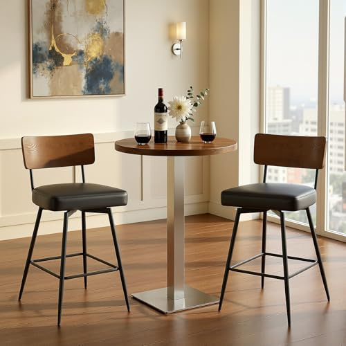 Bekrvio Barhocker 2er Set 360° Drehbar mit Lehne, 65 cm Sitzhöhe für Kücheninsel, Extra Dicke 8 cm Polsterung, Kunstleder Sitz & Massivholz Rückenlehne, Stabiler Metallrahmen, bis 150 kg Schwarz