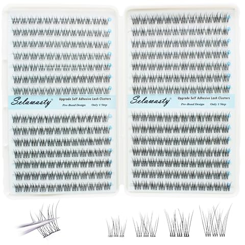 Selawasty Self Adhesive Eyelashes 336pcs Natural Lash Clusters No Glue Needed Wispy Reusable Press on Lashes Pre-Glue 9-12mm DIY Eyelash Extensions Kit Easy to Apply