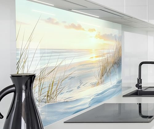 timalo Küchenrückwand Glasoptik | 80 x 50 cm Nordsee, Schilf, Sonnenuntergang, Meer, Reet | Acryl Glas 2mm | Spritzschutz Wand für Herd, Küche Glasrückwand Acrylglas Wandpaneele Rückwandschutz Platte