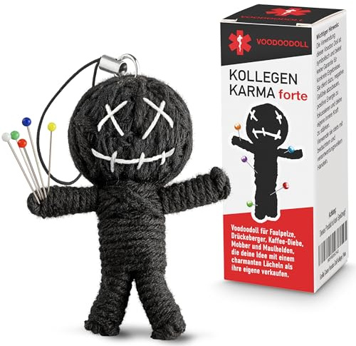 Voodoo Puppe mit Nadeln Arbeit lustiges Geschenk für Kolleginnen Kollegen Anti Stress Präsent Aufmerksamkeit für Lieblingskollegen als Büro Mitbringsel mit 5 Glaskopfnadeln in der Geschenkverpackung