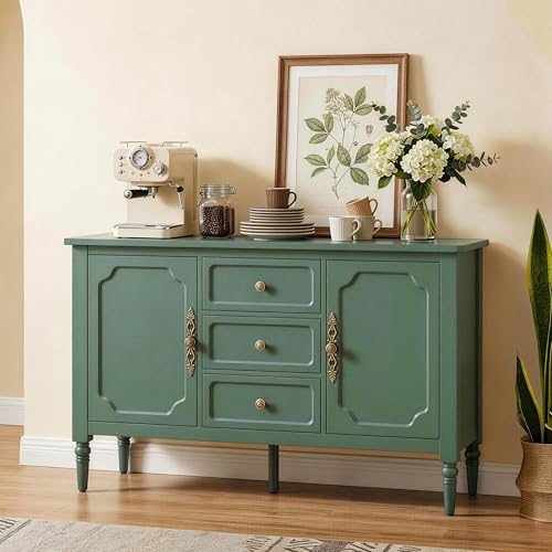 RoyalCraft Buffet Cabinet with 2 Doors & 3 Drawers, Vintage Sideboard with Storage, Painted Coffee Bar Table with Solid Wood Legs, Ideal for Entryway, Living Room, Dining Room, Green