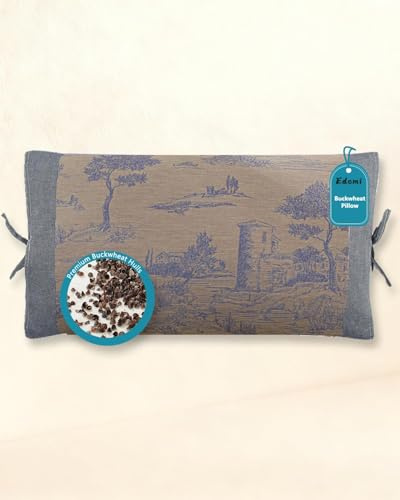 Adjustable Buckwheat Pillows for Sleeping, Breathable Cool Neck Pillow for Bed with Buckwheat Hulls, Cervical Support Thin Pillow for Neck Pain with Dual-Layer Pillowcase, 13x22 (Brown)