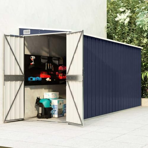 Iiaky Anbauschuppen Wand Metall Gerätehaus Geräteschuppen Kunststoffgriff mit Sperrfunktion Metallschrank Gartenhaus Schuppen Verzinkter Stahl-Anthrazit-118 x 382 x 178 cm