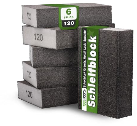 ToolSpace Schleifschwämme Schleifblock 6 Stück 120 Körnung 100x68x25 mm | Schleifpads Waschbar Wiederverwendbar Schleifklotz Schmirgelpapier Polieren Materialien Metall Stahl Holz Lack Nass Trocken