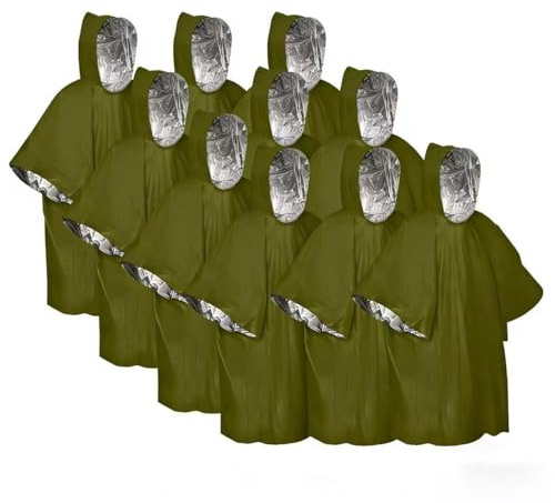 HOMHPLFE Poncho de Survie d'urgence, Poncho Pluie imperméable, Couverture Thermique en Mylar pour rétention de la Chaleur et de la Pluie, Couvertures d'urgence en Aluminium (Vert (10 pièces))