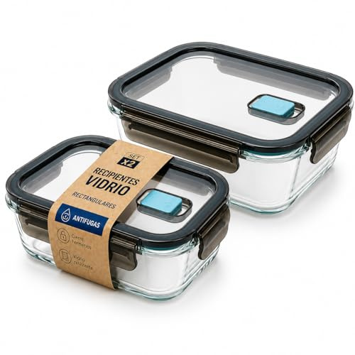 Great Plastic Recipientes Herméticos Vidrio Rectangulares, Set 2 con Tapa | Redondos y rectangulares, apto microondas, congelador y lavavajillas, meal prep, apilables, vidrio sin BPA