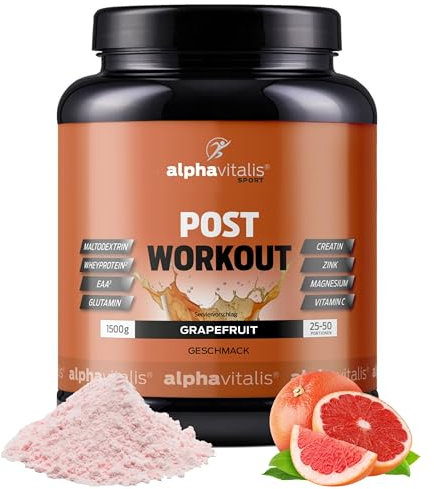 POST WORKOUT Shake - 1500g Grapefruit - mit Maltodextrin - Whey Protein Pulver - EAA (essentielle Aminosäuren), Creatin Monohydrat, L-Glutamin, Magnesium uvm. - Sportgetränk - Made by alphavitalis