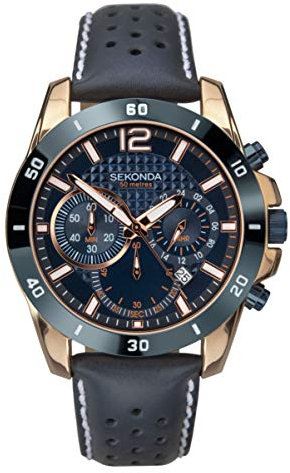 Sekonda Men's Rose Gold 45mm Chronograph Quartz Watch with Blue Textured Dial and Date Display Genuine Leather Strap 50m Water Resistant 2 Year Warranty